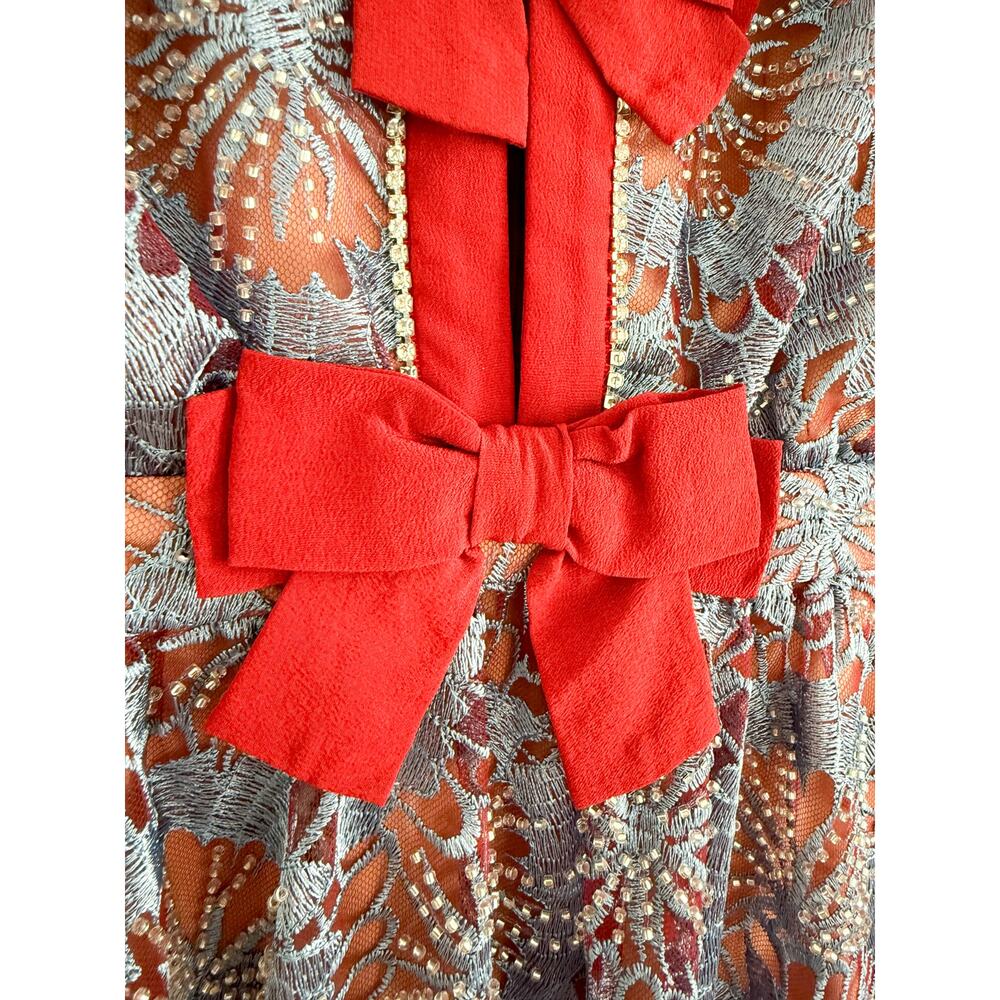 Saloni | Jamie C Embellishment Bows Dress in Blue Carmine | Sz 2 / UK Sz 6 - Picture 4 of 11